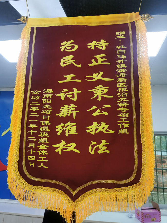 讨薪暖人心6868锦旗表心意6868驻滨海新区根治欠薪专项小组受